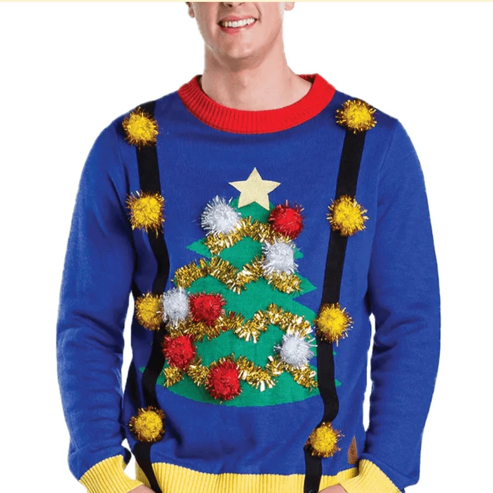 MEN'S UGLY CHRISTMAS TREE SWEATER WITH SUSPENDERS SZ L NWT